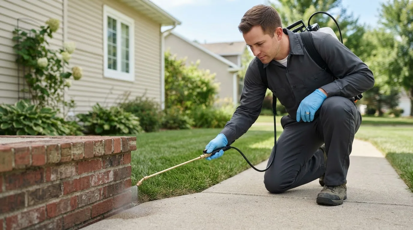 Pest control technician treating a home near Fairfield, ME