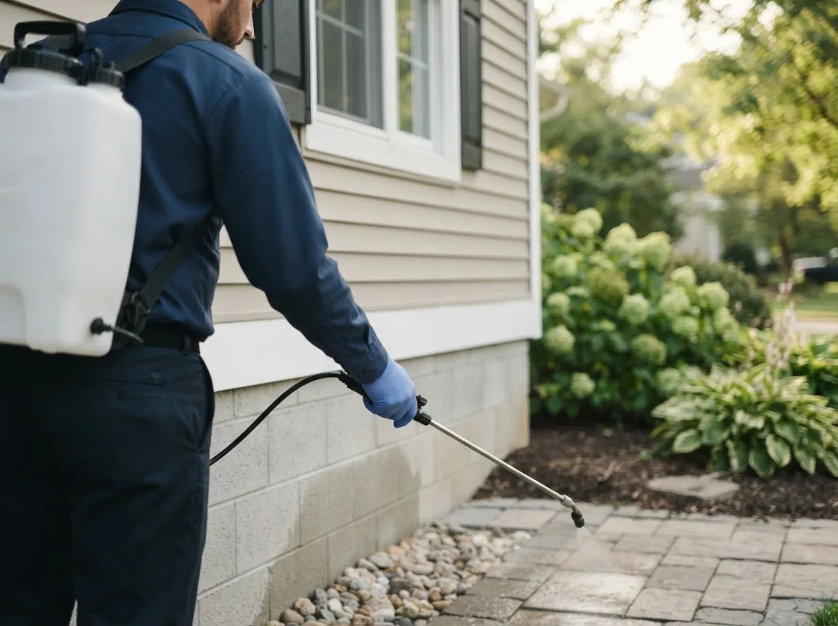 Pest control technician inspecting a home in Fairfield, ME